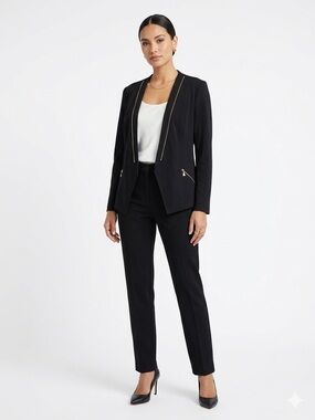 Vex Collection Asymmetric Knit Blazer Navy Blue Gold Trim Sz 44 Large